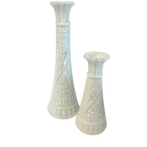 Vintage Mid Century Anchor Hocking Milk Glass Bud Vase Pair 9” & 6”